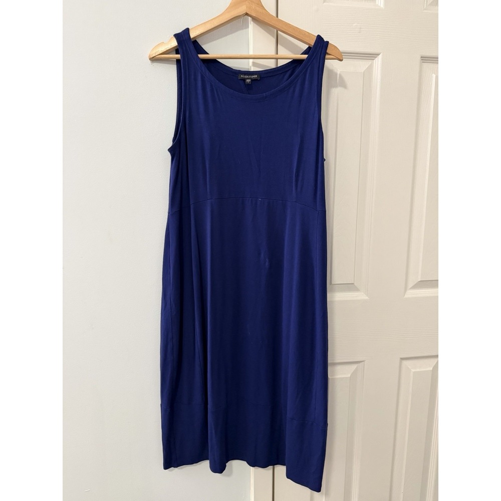 Eileen Fisher Stretch Jersey Midi Dress Sz M Keyhole Lagenlook Casual Everyday